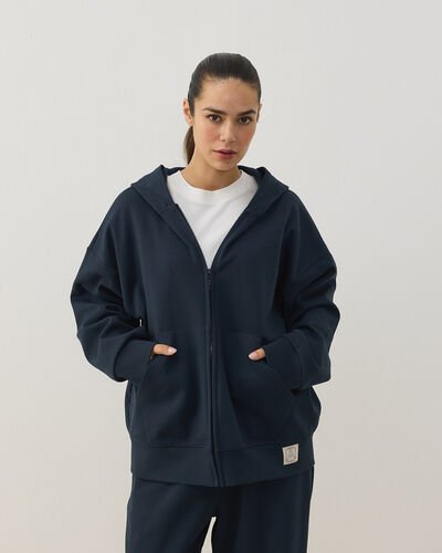Premium Doubleface Fermuarlı Kapüşonlu Sweatshirt Lacivert 