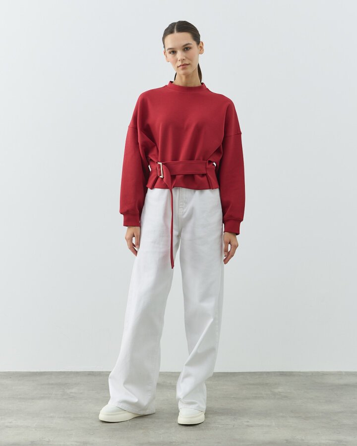 Premium Doubleface Kemerli Mini Sweat Kırmızı - Aybikestil (1)