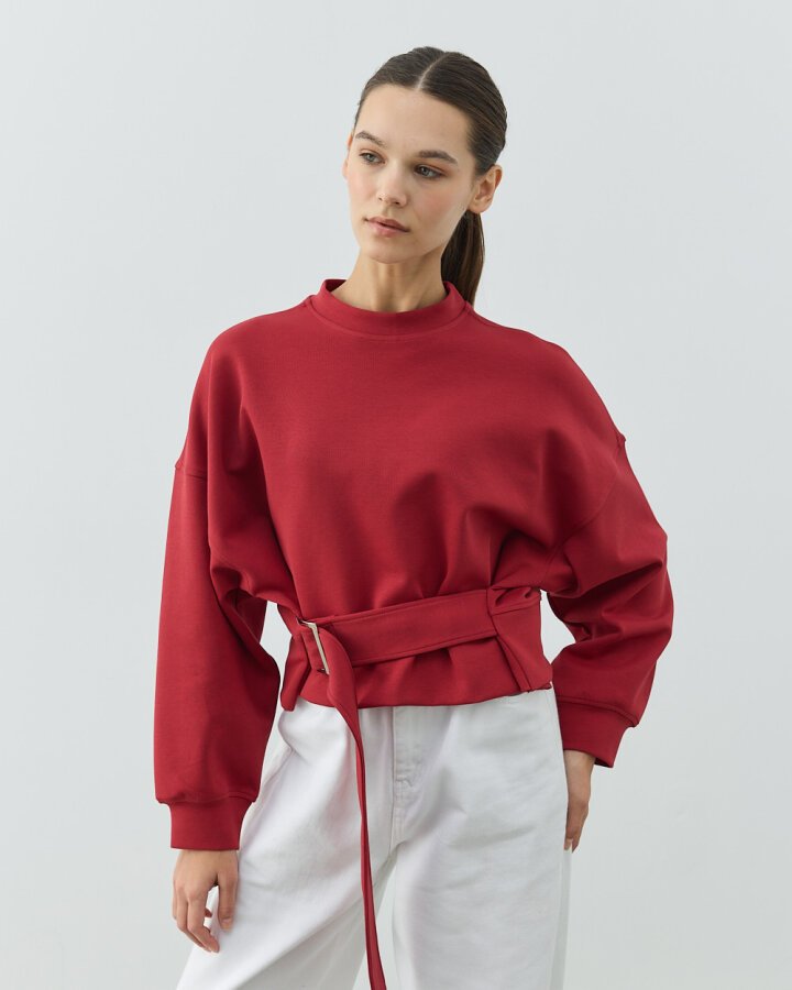 Premium Doubleface Kemerli Mini Sweat Kırmızı - Aybikestil (1)