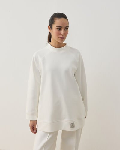 Premium Doubleface Reglan Kollu Çift Dikiş Detaylı Sweatshirt Ekru 