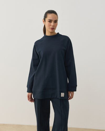 Premium Doubleface Reglan Kollu Çift Dikiş Detaylı Sweatshirt Lacivert 
