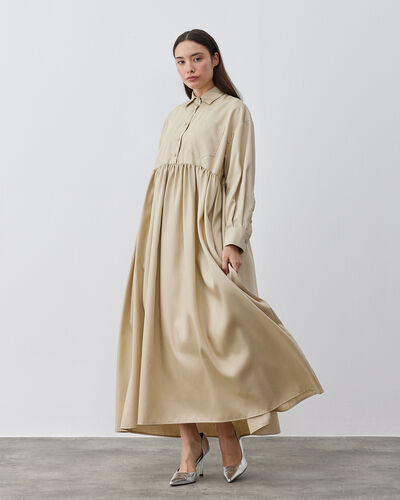 Premium Oversize Büzgülü Gömlek Elbise Bej 