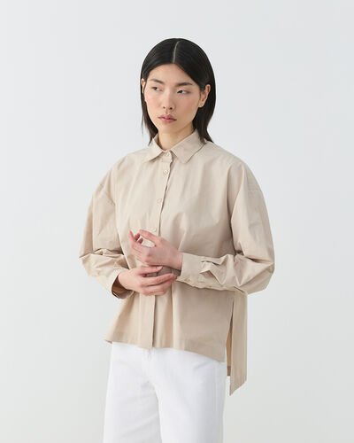 Premium Poplin Yırtmaçlı Kısa Gömlek Bej 