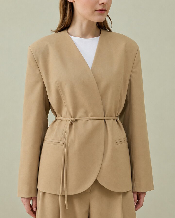 Premium Yakasız Blazer Ceket Camel - Aybikestil (1)