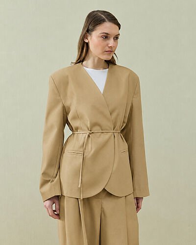 Premium Yakasız Blazer Ceket Camel 