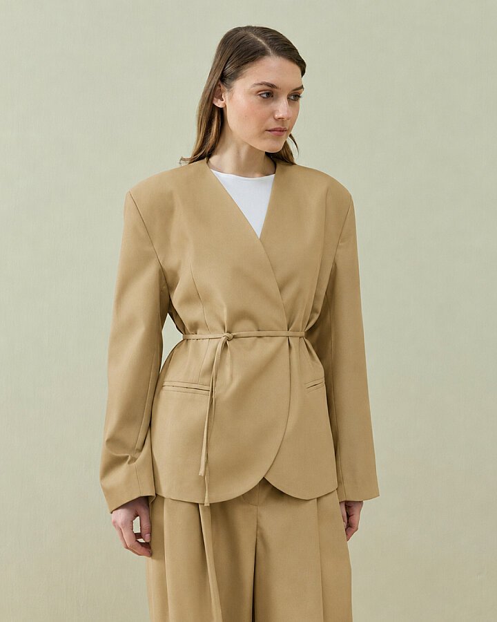 Premium Yakasız Blazer Ceket Camel - Aybikestil
