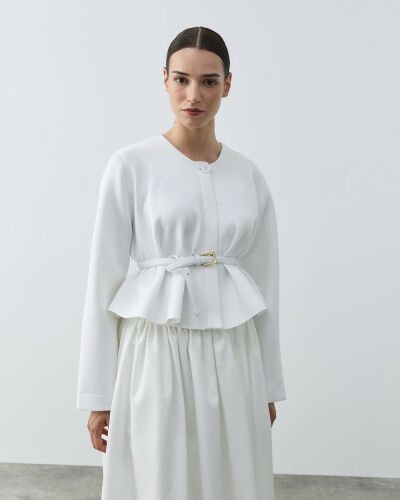 Puf Kısa Crop Volanlı Ceket Beyaz 