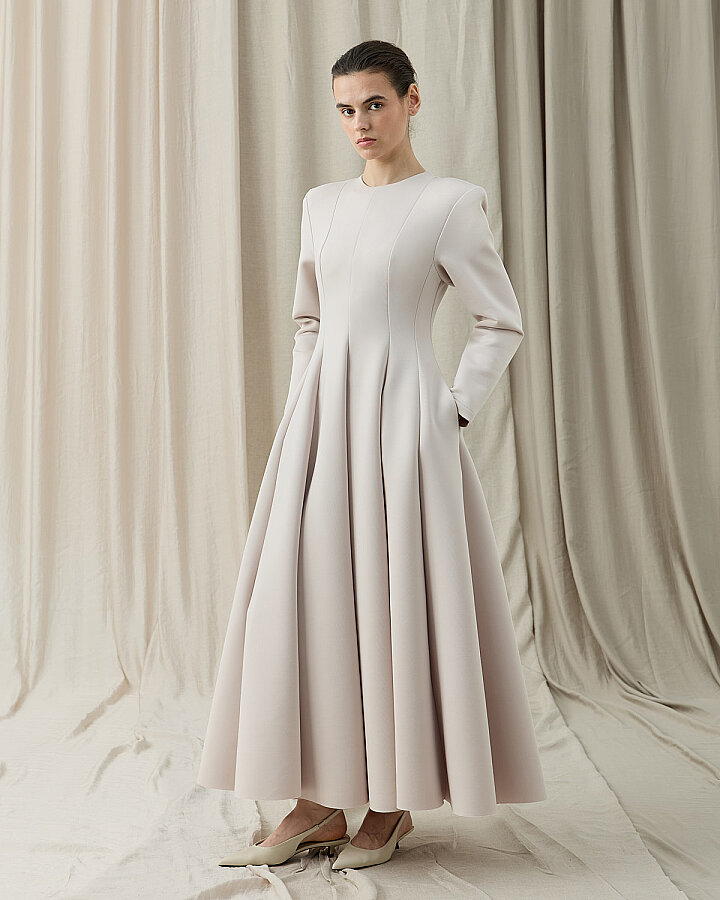 Puf Parçalı Oturan Fit Elbise Bej - Aybikestil (1)