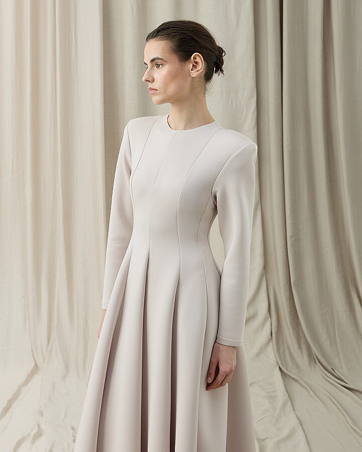 Puf Parçalı Oturan Fit Elbise Bej - Aybikestil (1)