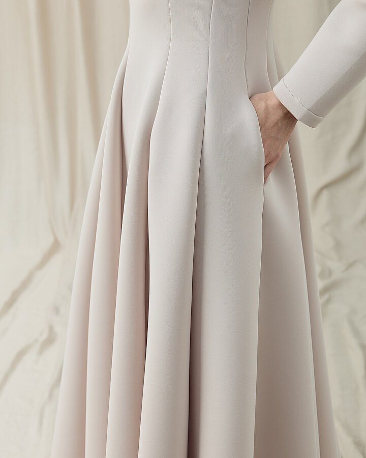 Puf Parçalı Oturan Fit Elbise Bej - Aybikestil (1)