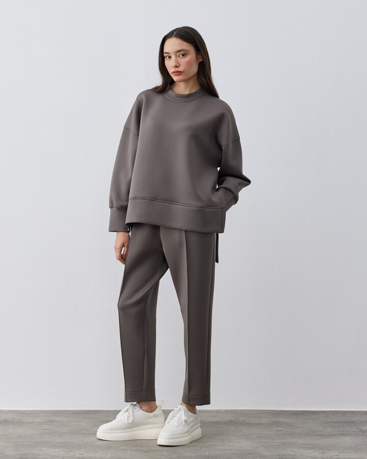 Puf Yandan Yırtmaçlı Sweat Bluz Füme - Aybikestil (1)