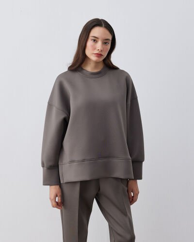 Puf Yandan Yırtmaçlı Sweat Bluz Füme 