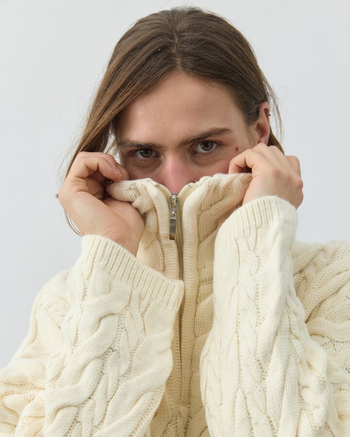 Saçörgü Yakası Fermuarlı Kazak Krem - Aybikestil (1)