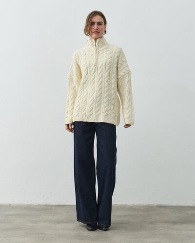 Saçörgü Yakası Fermuarlı Kazak Krem - Aybikestil (1)