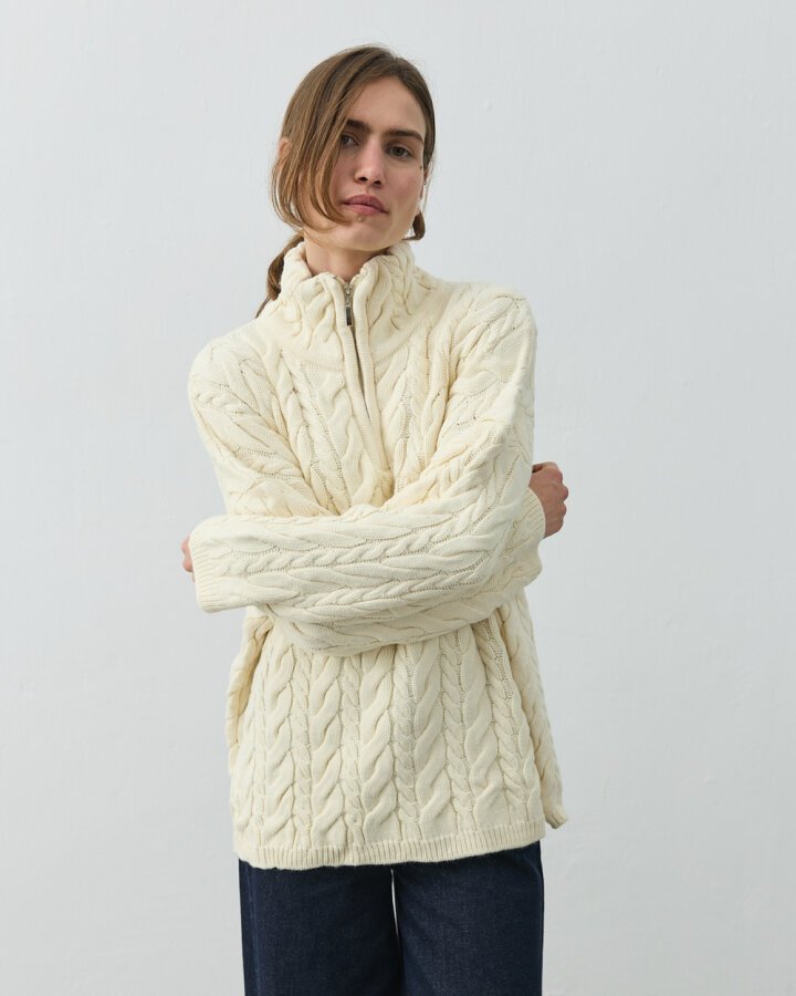 Saçörgü Yakası Fermuarlı Kazak Krem - Aybikestil (1)