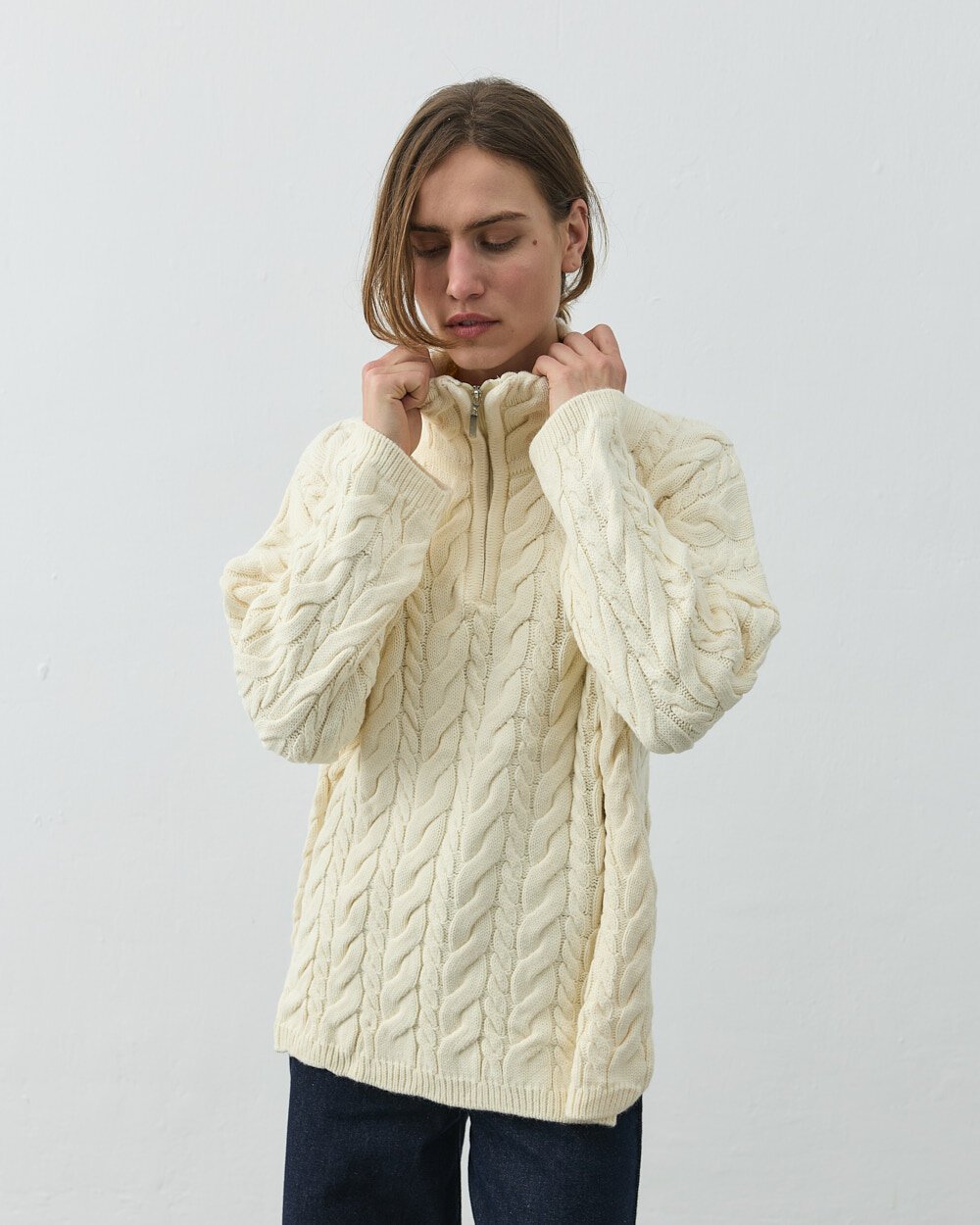 Saçörgü Yakası Fermuarlı Kazak Krem - Aybikestil