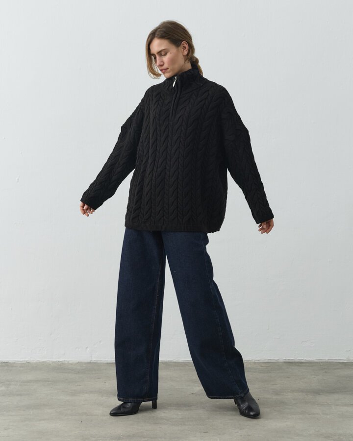 Saçörgü Yakası Fermuarlı Kazak Siyah - Aybikestil (1)