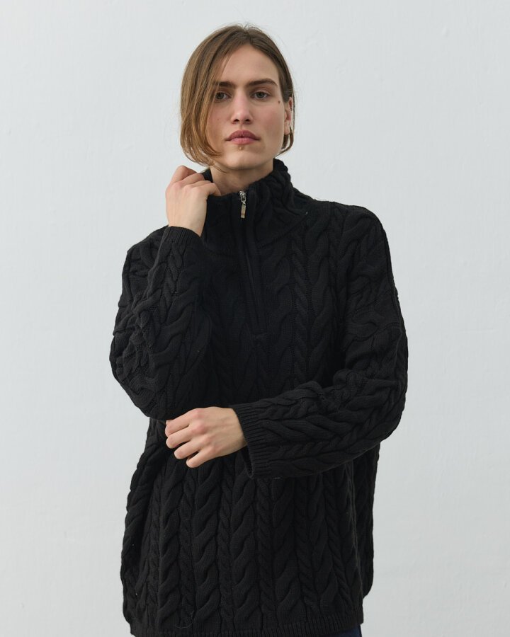 Saçörgü Yakası Fermuarlı Kazak Siyah