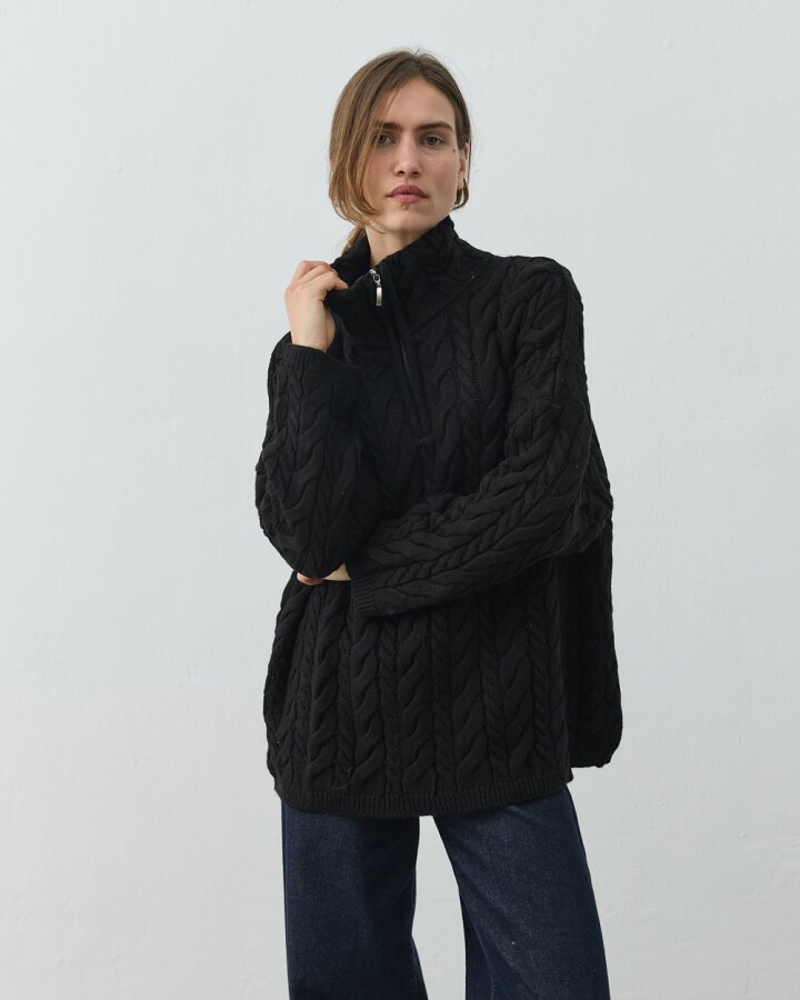 Saçörgü Yakası Fermuarlı Kazak Siyah - Aybikestil (1)