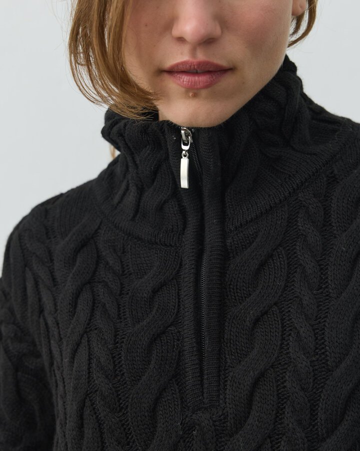 Saçörgü Yakası Fermuarlı Kazak Siyah - Aybikestil (1)