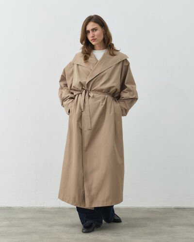 Salaş Yarasa Balon Kol Uzun Trençkot Bej 