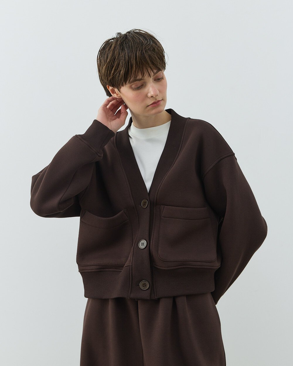 Şardonlu Üç İplik Cepli Hırka Acı Kahve - Aybikestil