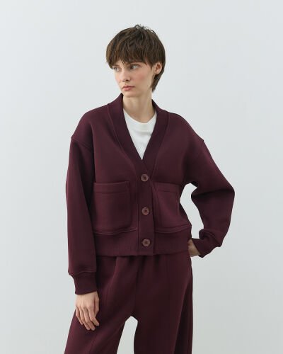 Şardonlu Üç İplik Cepli Hırka Bordo 