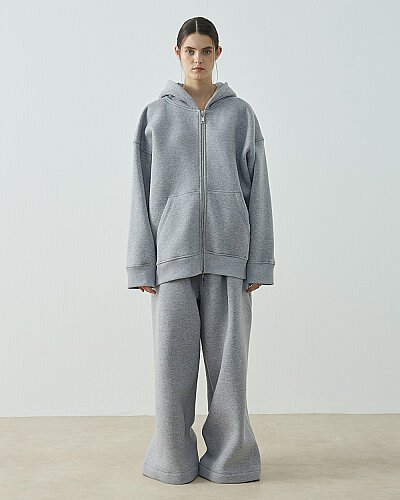 Şardonlu Üç İplik Fermuarlı Kapüşonlu Sweatshirt Gri Melanj - Aybikestil (1)