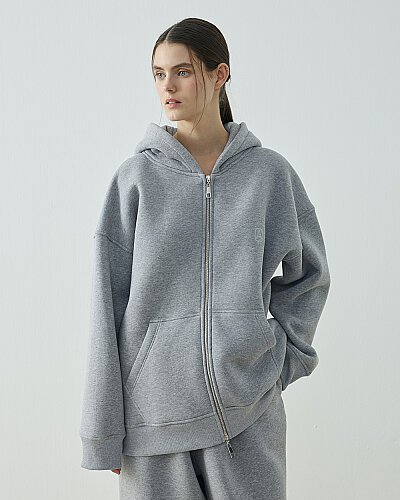 Şardonlu Üç İplik Fermuarlı Kapüşonlu Sweatshirt Gri Melanj 