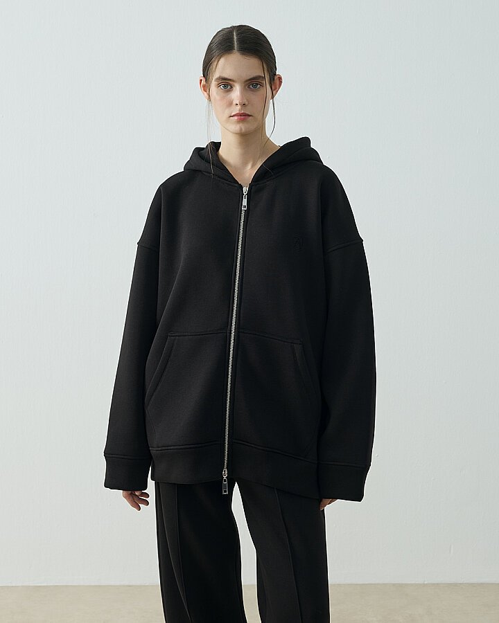 Şardonlu Üç İplik Fermuarlı Kapüşonlu Sweatshirt Siyah - 