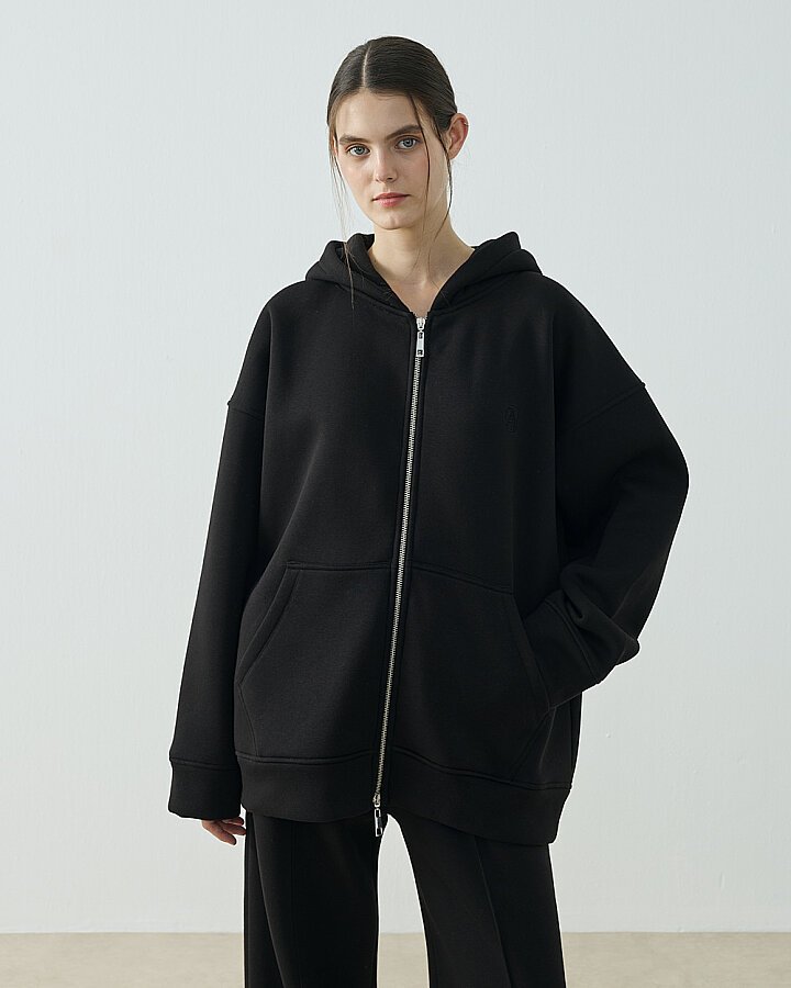 Şardonlu Üç İplik Fermuarlı Kapüşonlu Sweatshirt Siyah - (1)