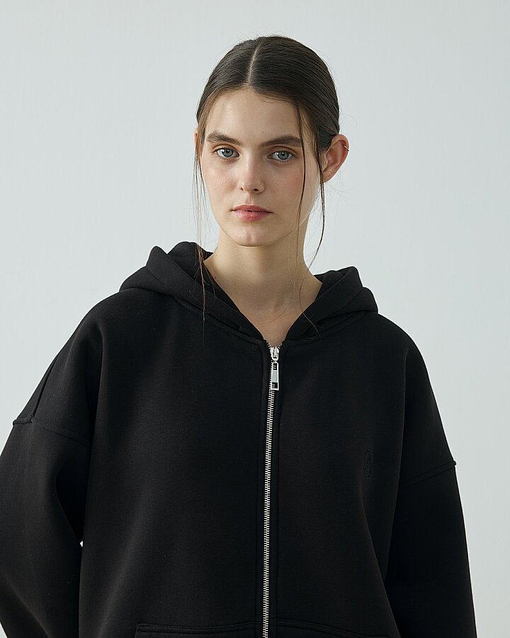 Şardonlu Üç İplik Fermuarlı Kapüşonlu Sweatshirt Siyah - (1)
