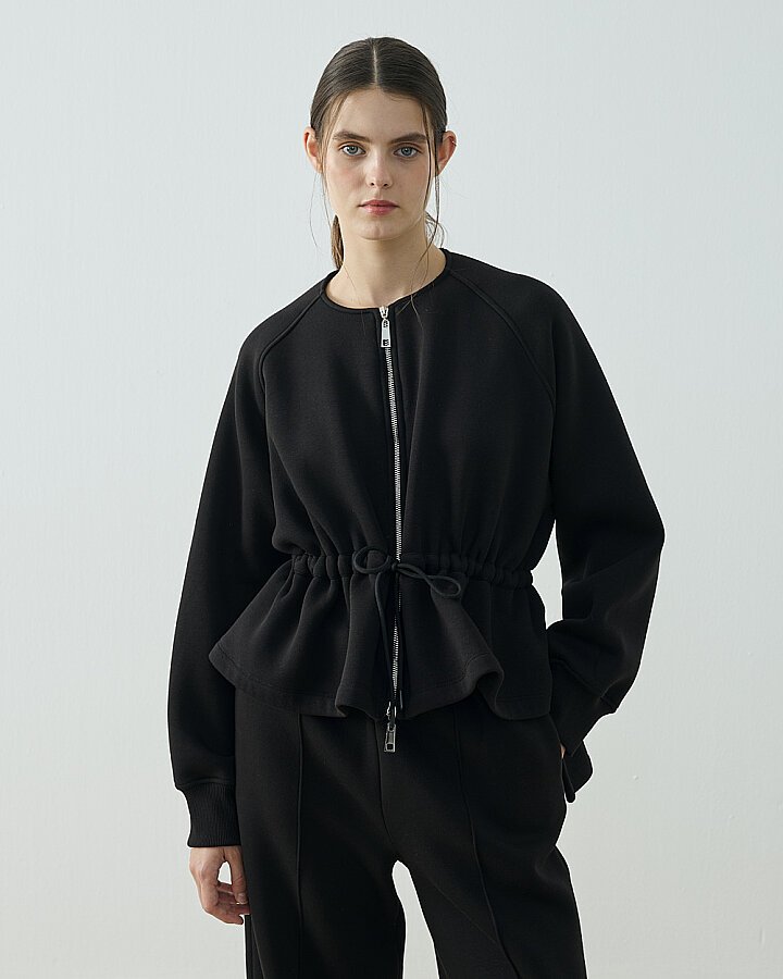 Şardonlu Üç İplik Fermuarlı Volanlı Tünelli Ceket Siyah - 