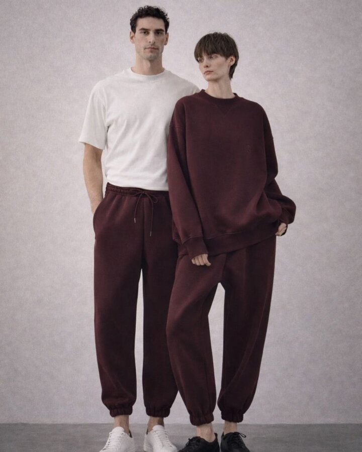 Şardonlu Üç İplik Paçası Lastikli Jogger Eşofman Altı Çift Seti Bordo