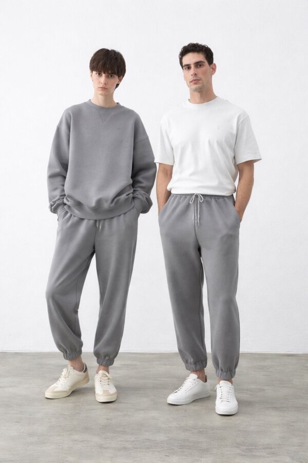 Şardonlu Üç İplik Paçası Lastikli Jogger Eşofman Altı Çift Seti Gri - 