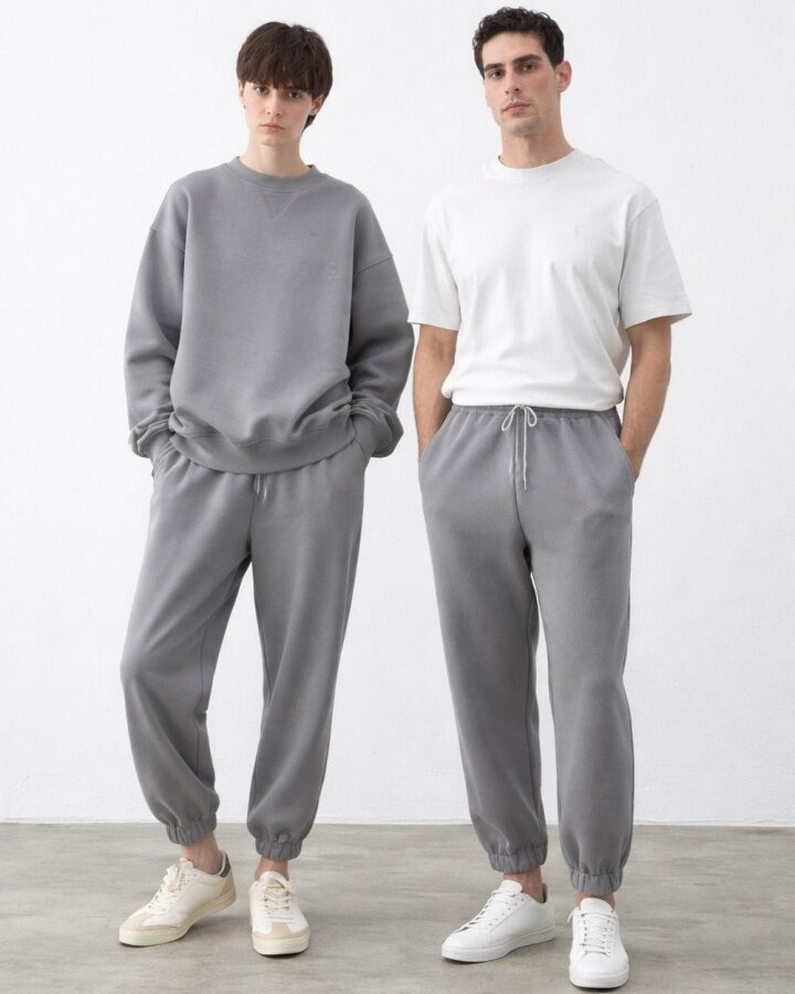 Şardonlu Üç İplik Paçası Lastikli Jogger Eşofman Altı Çift Seti Gri