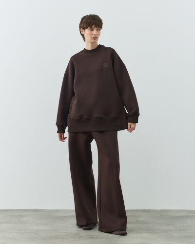 Şardonlu Üç İplik Straight Fit Nervürlü Eşofman Altı Acı Kahve - Aybikestil (1)