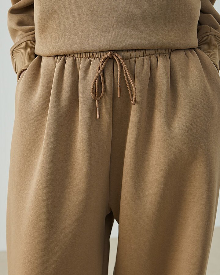 Şardonlu Üç İplik Wide Leg Bol Eşofman Altı Camel - (1)