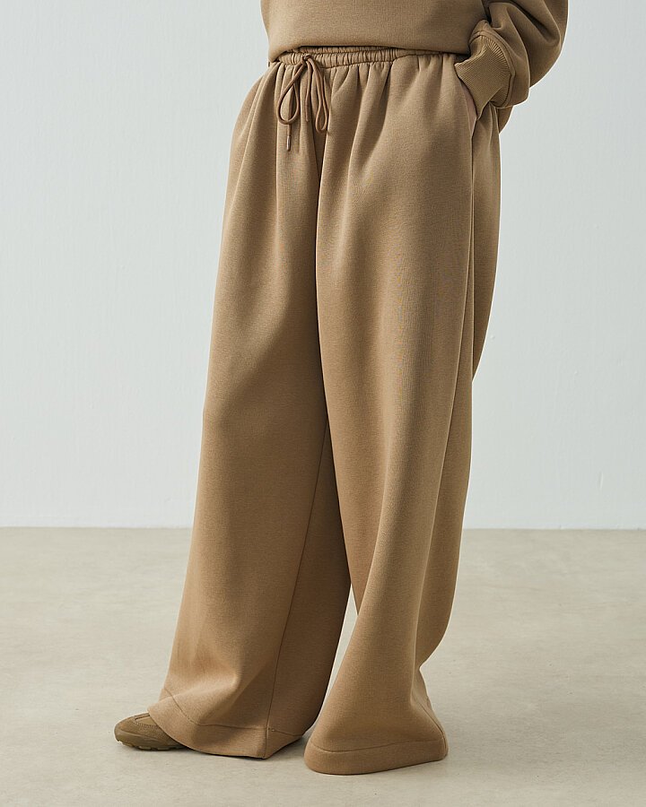 Şardonlu Üç İplik Wide Leg Bol Eşofman Altı Camel - (1)