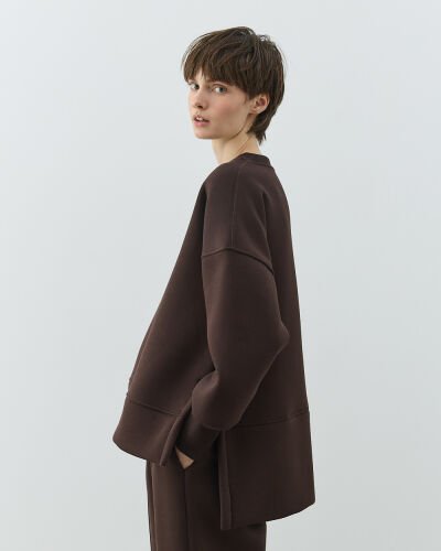 Şardonlu Üç İplik Yırtmaçlı Sweat Bluz Acı Kahve 