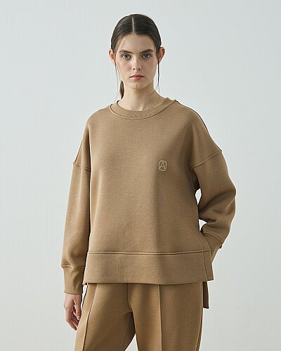 Şardonlu Üç İplik Yırtmaçlı Sweat Bluz Camel 