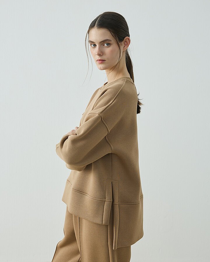 Şardonlu Üç İplik Yırtmaçlı Sweat Bluz Camel - Aybikestil (1)