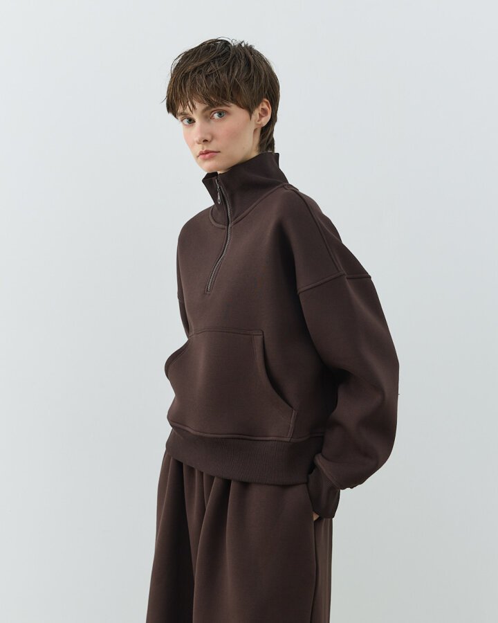 Şardonlu Üç İplik Yüksek Yaka Fermuarlı Cepli Sweat Acı Kahve - (1)