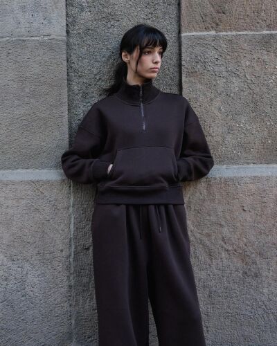 Şardonlu Üç İplik Yüksek Yaka Fermuarlı Cepli Sweat Acı Kahve 