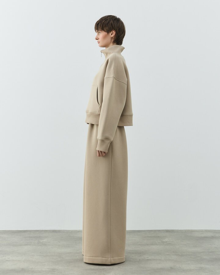 Şardonlu Üç İplik Yüksek Yaka Fermuarlı Cepli Sweat Taş - (1)