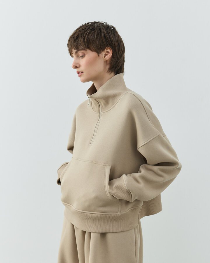 Şardonlu Üç İplik Yüksek Yaka Fermuarlı Cepli Sweat Taş - (1)