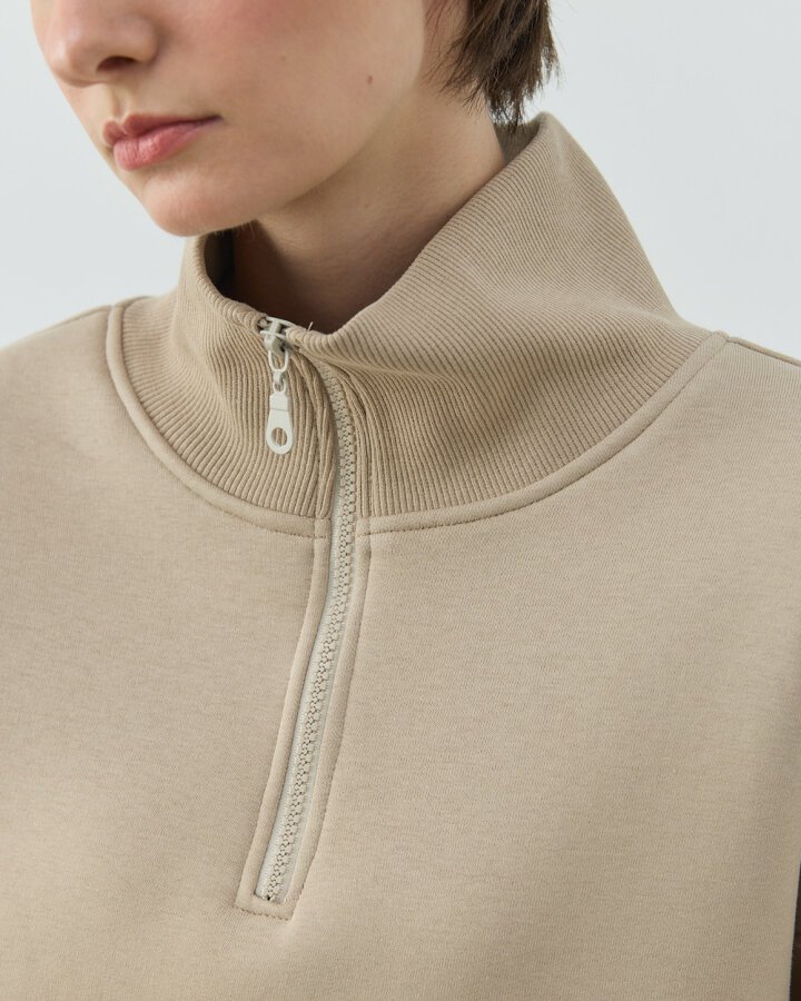 Şardonlu Üç İplik Yüksek Yaka Fermuarlı Cepli Sweat Taş - (1)