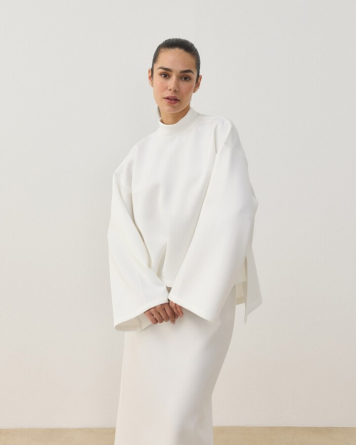 Scuba Yırtmaçlı Kimono Kol Basic Bluz Beyaz