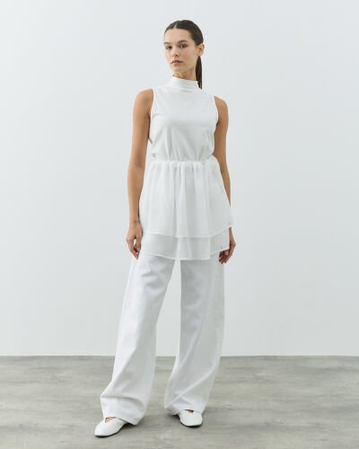 Şifon Fonksiyonel Katlı İçlik Etek Ekru - Aybikestil (1)