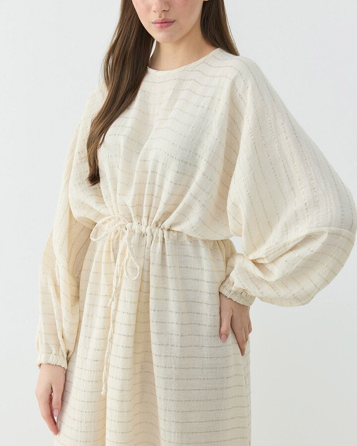 Simli Müslin Yarasa Kol Tünelli Elbise Gold Çizgili - Aybikestil (1)